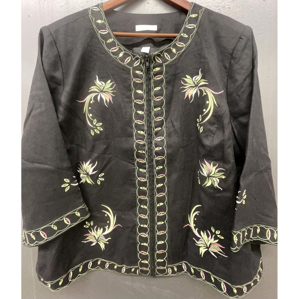 Women Linen Jacket 24W Black Embroidered Zip 3/4 Sleeve‎ Lined Collarless Blazer